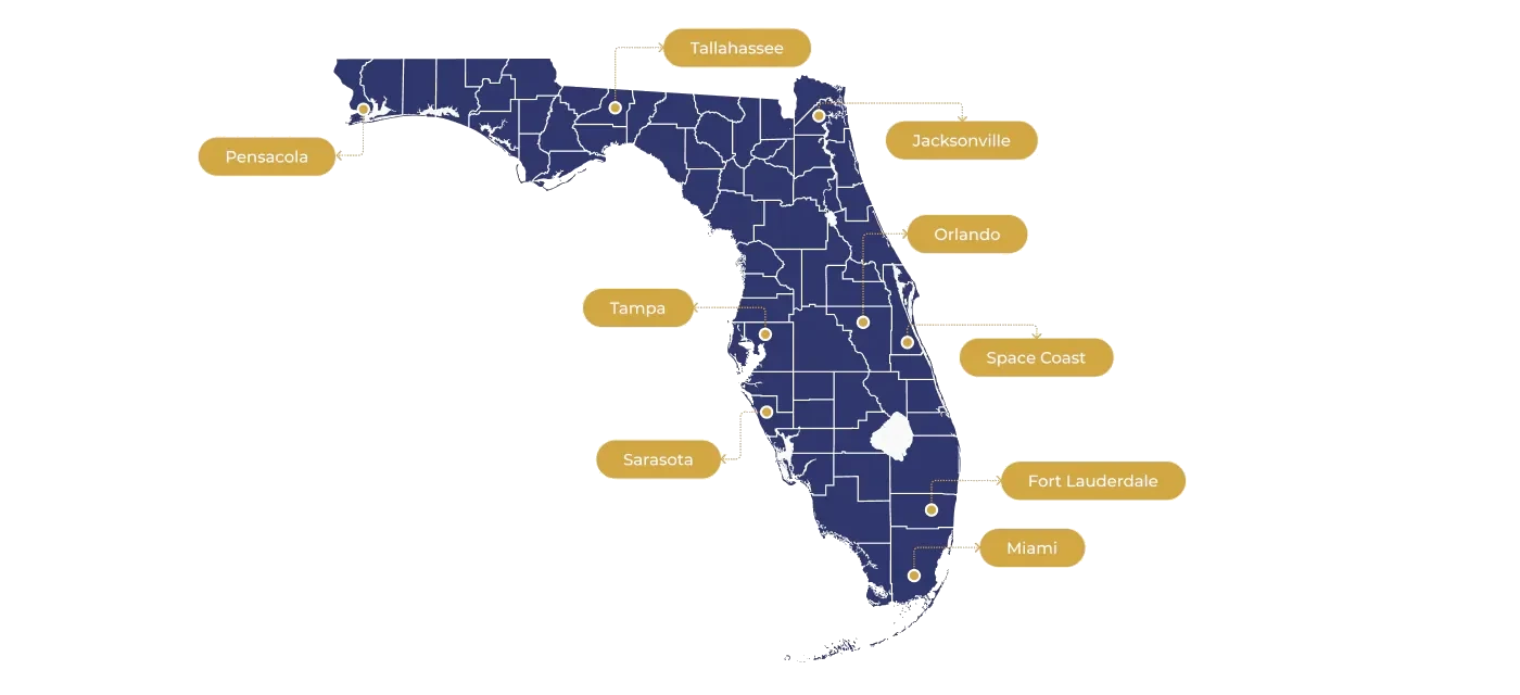 Map of Florida with service locations in Pensacola, Tallahassee, Jacksonville, Tampa, Orlando, Sarasota, Space Coast, Fort Lauderdale, and Miami