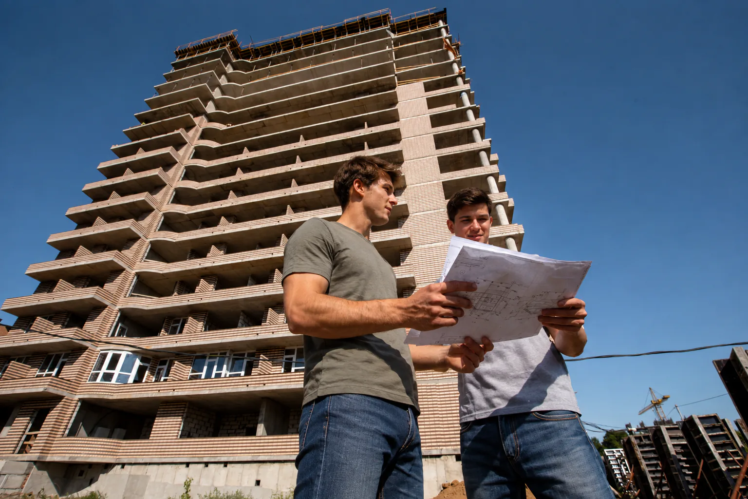 Engineers reviewing drawings in front of a concrete high-rise