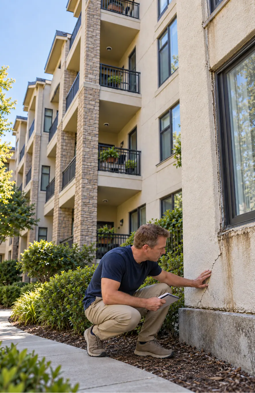 Engineer inspecting weathered exterior siding