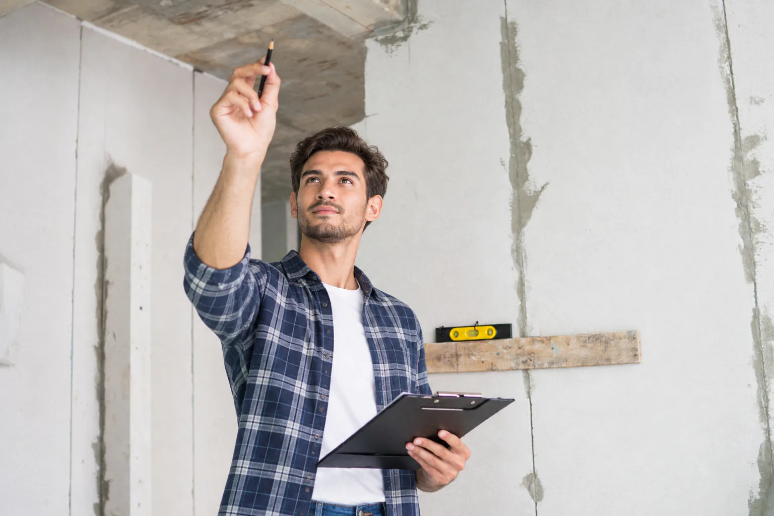 Engineer marking a wall during a condition review