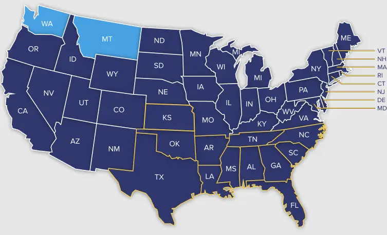 Map of the United States showing Prema service areas