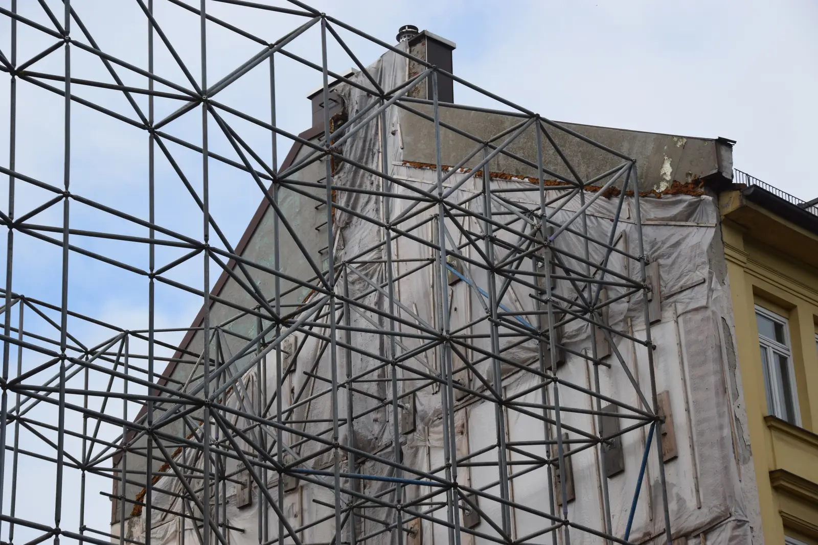 Scaffolding on a building during a structural investigation